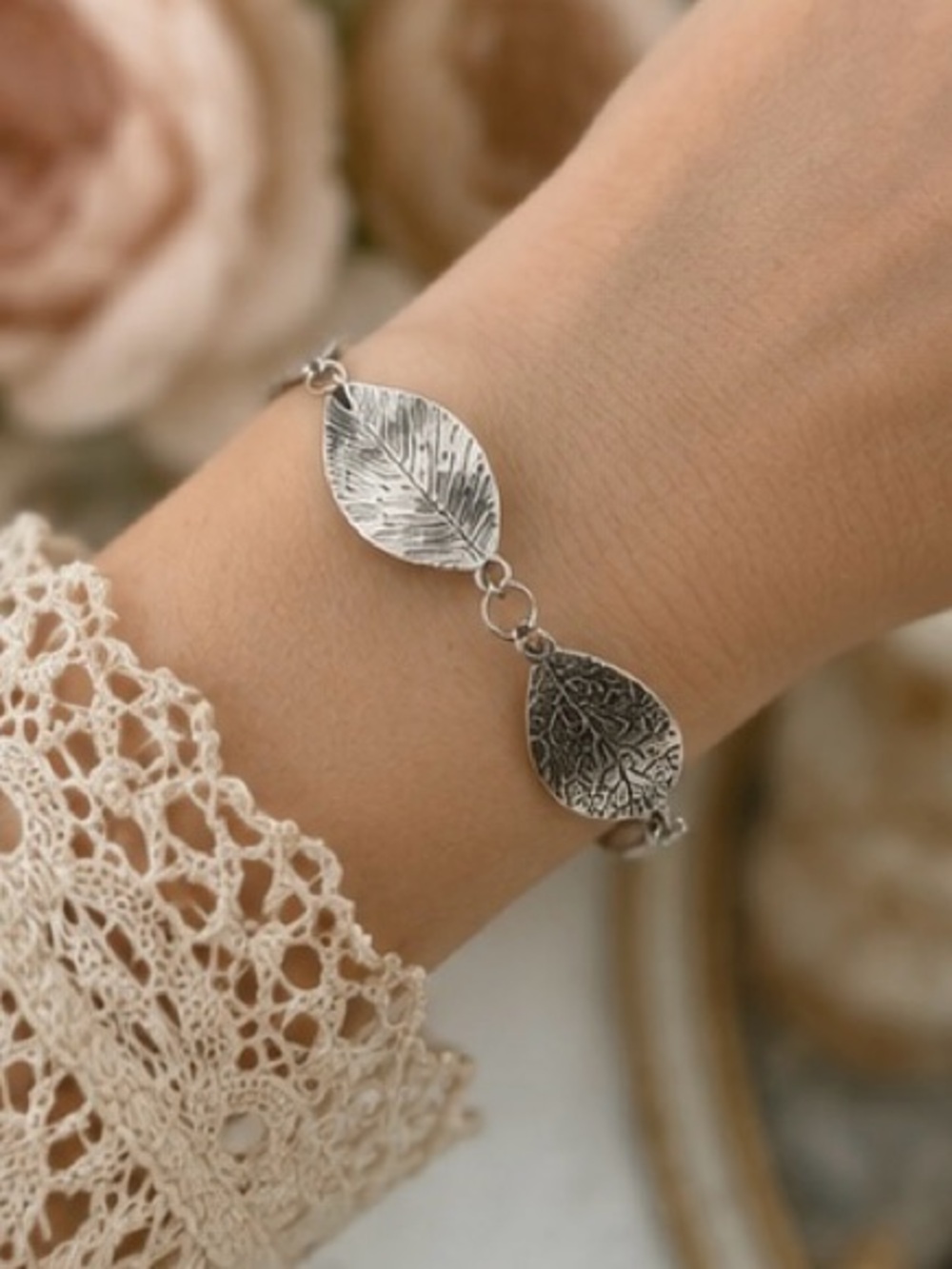 Vintage Sterling‎ Silver Leaf Link Bracelet Nature Inspired Boho Feminine